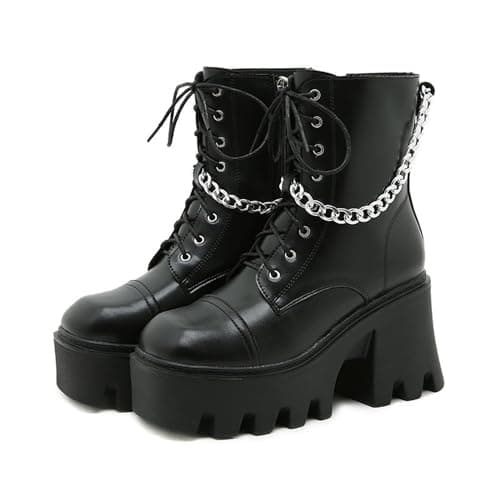 Gothniero Women's Black Holographic Combat Ankle Boots with Chunky Heel and Side Zip (US 5.5-11)