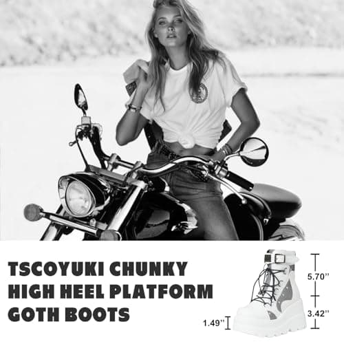 Tscoyuki Women's Chunky High Heel Ankle Boots - Goth Lace-Up Combat Wedges