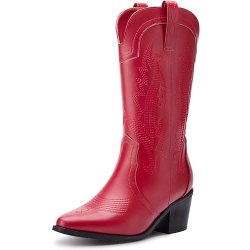 Solestique Women's Cowboy Boots: Embroidered Mid-Calf Heeled Cowgirl Style