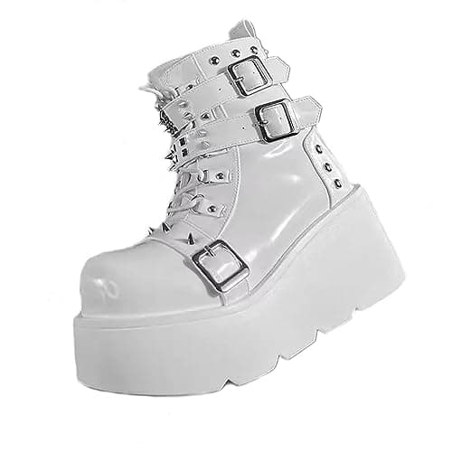 UOQAPRE Women's High Heel Combat Boots Square Toe Lace-Up Ankle Booties