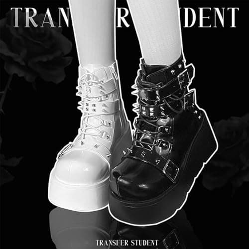 LETCLOCOM Women's Gothic Ankle Booties with Metal Buckle & Zip Lace-Up