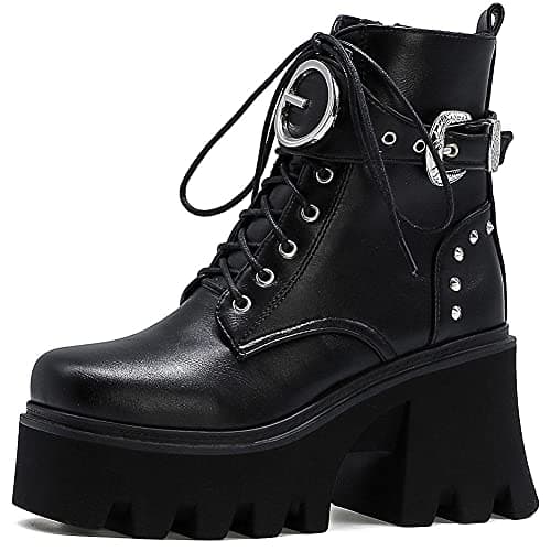 Mikarka Zipper Studded Goth Platform Combat Ankle Boots for Women Mid Chunky Block Heel Motorcyclist Boots