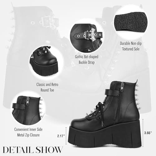 Tscoyuki Chunky Heel Platform Combat Boots for Women Gothic Raves