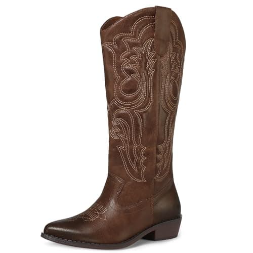 Mysoft Women's Cowboy Boots - Embroidered Knee High Pointed Toe Heel