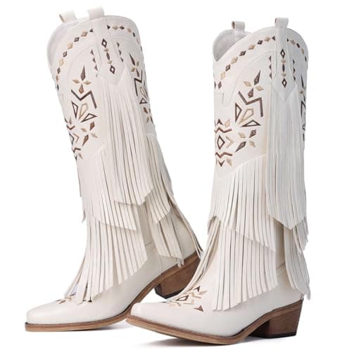 Bybmorto Women's Fringe Knee High Cowboy Boots with Classic Embroidery