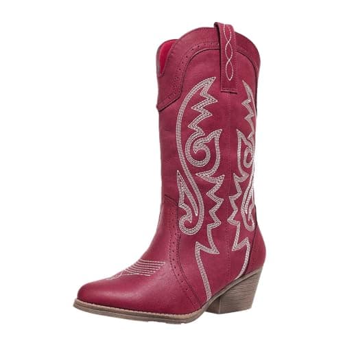 Red Embroidered Western Pointy Toe Booties for Women US5-11