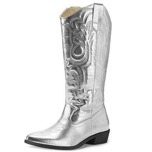 Mysoft Women's Cowboy Boots - Embroidered Knee High Pointed Toe Heel
