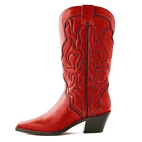 Red Yolkomo Western Cowgirl Boots, Pointed Toe Mid Calf Knee High