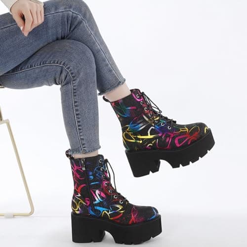 LIXGVHRO Women's Black Sparkly Glitter Gothic Platform Boots Multicolour