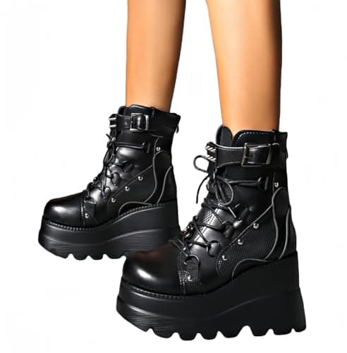 MACVISE Womens Gothy Platform Boots Chunky Heel Booties for Women Round Toe Combat Ankle Boots Lace Up Motorcycle Wedges Shoes