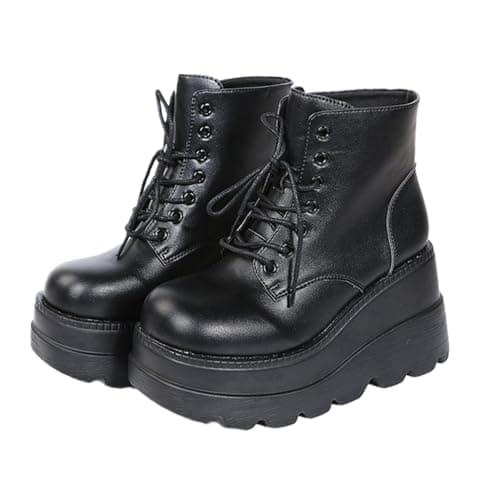UOQAPRE Women's High Heel Combat Boots Square Toe Lace-Up Ankle Booties