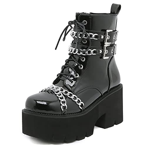 YIYA Women's Black Gothic Platform Ankle Boots with Bat Wing Buckles