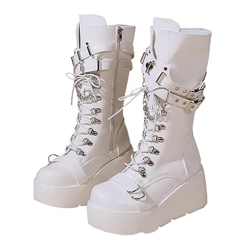 UOQAPRE Women's Winter Punk Chunky Mid-Calf Booties Heel Side Zip Rounds Toe