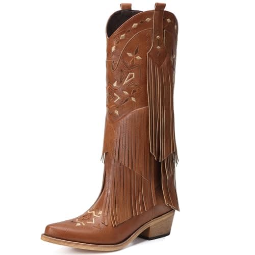 Bybmorto Women's Fringe Knee High Cowboy Boots with Classic Embroidery