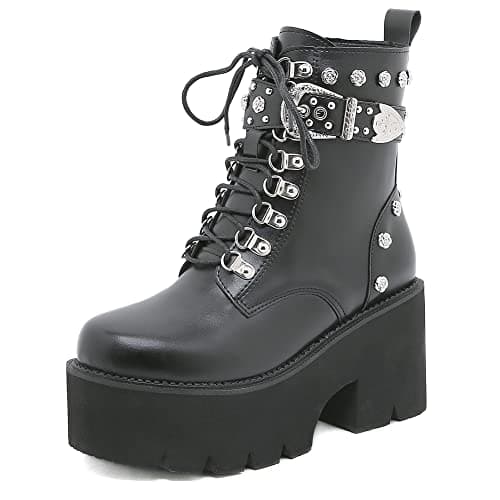 mikarka Women's Studded Black Chunky Heel Combat Ankle Boots