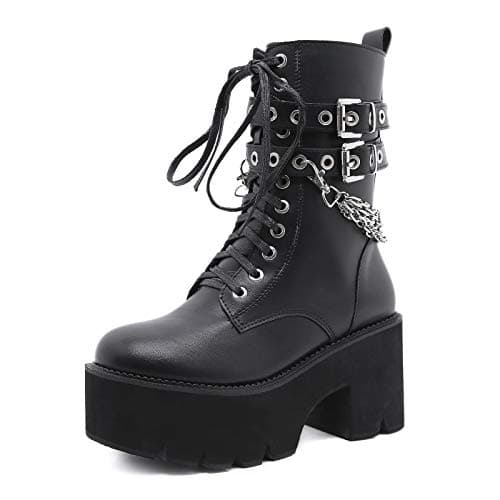 YIYA Women's Black Gothic Platform Ankle Boots with Bat Wing Buckles