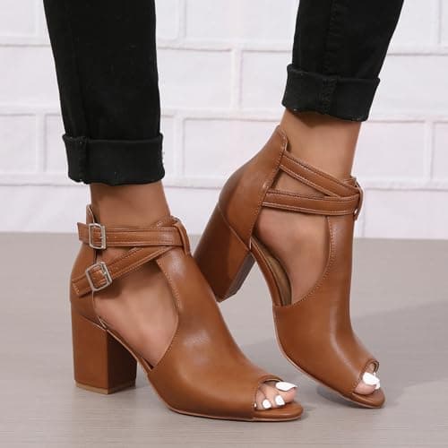 Women's Peep Toe Chunky Heel Side Cutout Sandals US5-11 Summer Booties