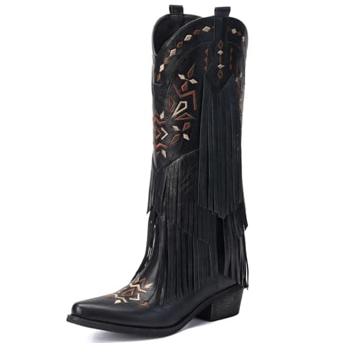 Bybmorto Women's Fringe Knee High Cowboy Boots with Classic Embroidery