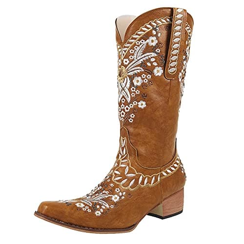 Erocalli Women's Western Mid Heel Embroidered Claf Boot