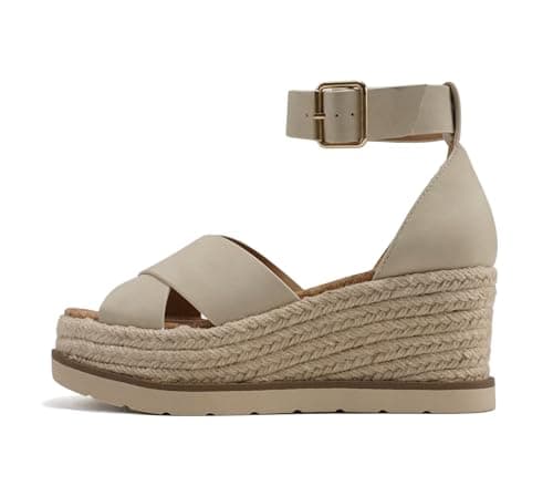 Fabian Women's Square Toe Platform Espadrille Wedge Sandals with Adjustable Ankle Strap
