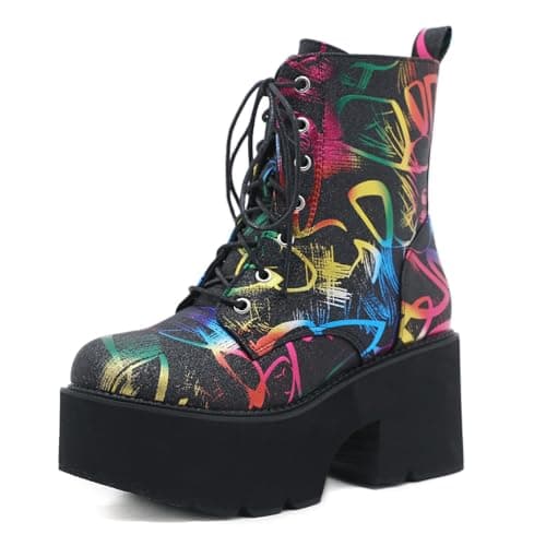 Women's Black Lace up Goth Platform Boots for Cosplay Fashion Punk Style.