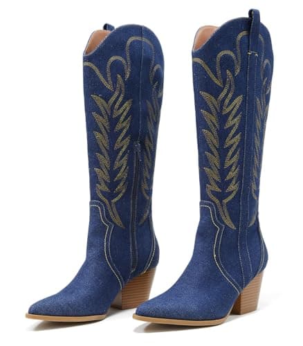 Comfortable Women's Embroidered Western Cowboy Boots Zipper Chunky Heel
