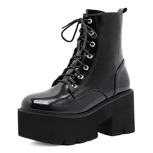 YIYA Women's Black Gothic Platform Ankle Boots with Bat Wing Buckles