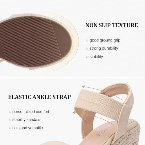 Jeossy Women's Comfortable Black Espadrille Wedge Sandals with Elastic Ankle Strap