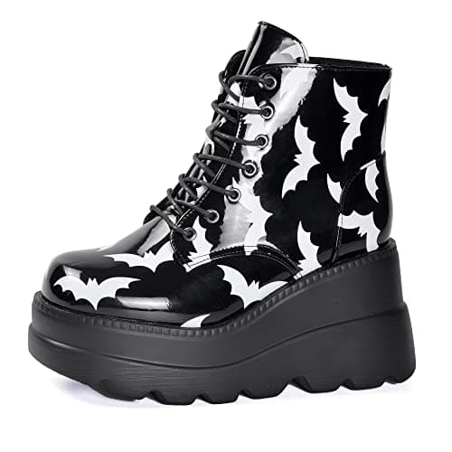Gothniero Women's Black Holographic Combat Ankle Boots with Chunky Heel and Side Zip (US 5.5-11)