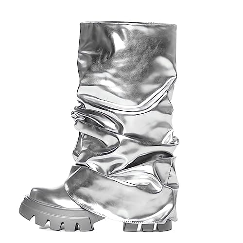 LISHAN Women's Metallic Fold-Over Pull-On Ruched Platform Heels