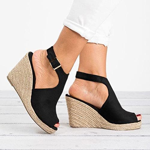 Women's Yiaor Summer Wedge Espadrille Sandals Open Toe Ankle Strap (Black, 8)