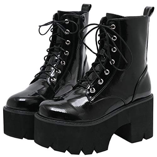 Goth Women's Platform Ankle Boots with Chunky High Heel and Lace Up Detail