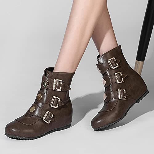 Mikarka Hidden Wedge Heel Ankle Boots for Women Slip On Buckle Straps with Studded Combat Motorcycle Riding Mid Calf Boots Trendy Comfortable Cold Weather Women's Boots