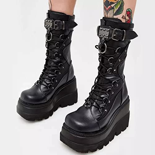 ZKXYFFS Chunky Heel Punk Goth Lace-Up Women's Boots