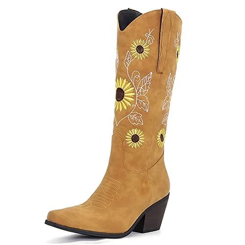 Erocalli Women's Western Mid Heel Embroidered Claf Boot