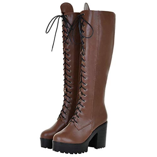 Parisuit Women's Gothic Knee High Lace-Up Buckle Boots Chunky Heel