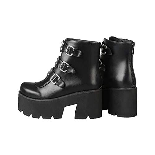 YIYA Women's Black Gothic Platform Ankle Boots with Bat Wing Buckles