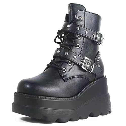 Gothniero Women's Black Holographic Combat Ankle Boots with Chunky Heel and Side Zip (US 5.5-11)