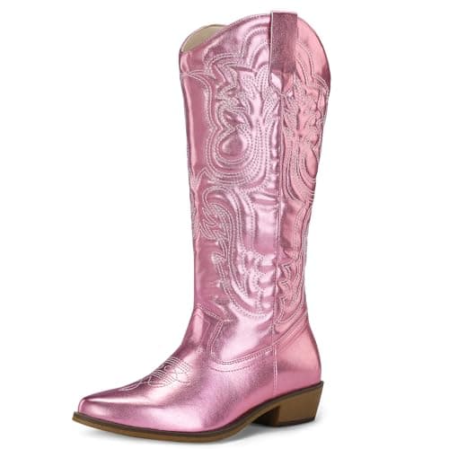 Mysoft Women's Cowboy Boots - Embroidered Knee High Pointed Toe Heel