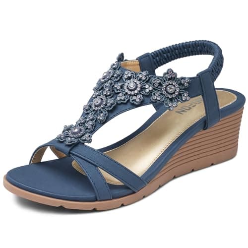 Temofon Women's Low Wedge Heel Summer Flower Sandals