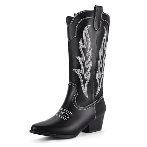 IDIFU IN2 Women's Mid Calf Embroidered Cowboy Bootschunky Heel Country Style Booties