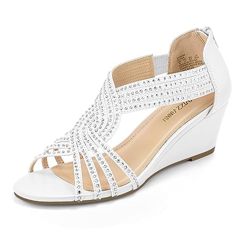 PIZZ ANNU Women's Sparkly Rhinestone Open-Toe Low Wedge Sandals for Bridal Dance Evening