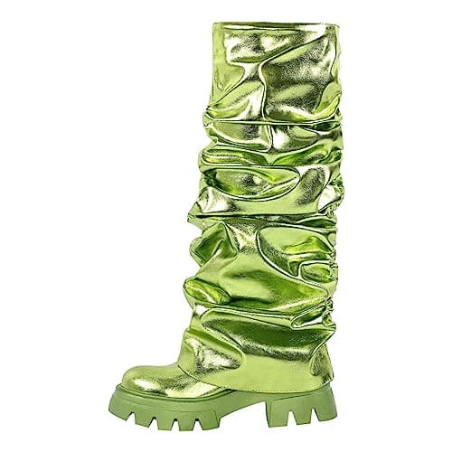LISHAN Women's Metallic Fold-Over Pull-On Ruched Platform Heels