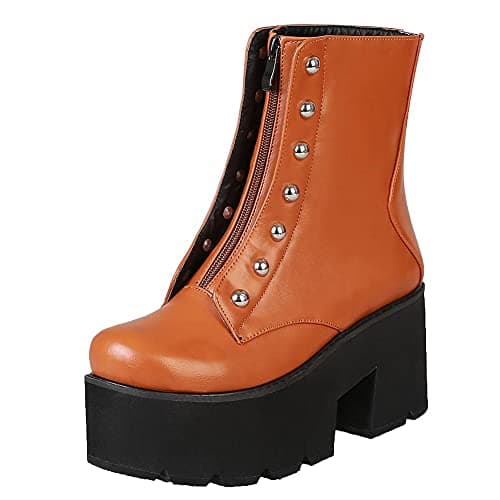 Mikarka Zipper Studded Goth Platform Combat Ankle Boots for Women Mid Chunky Block Heel Motorcyclist Boots