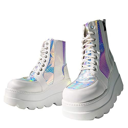 Chunky Platform Combat Boots, Square Toe Zip Heel Ankle Boot for Women