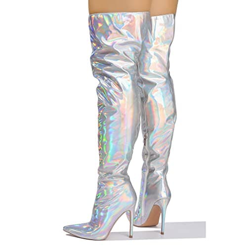 Cape Robbin Women's Metallic Thigh High Boots with Zippered Pointed Toe and Stiletto Heels
