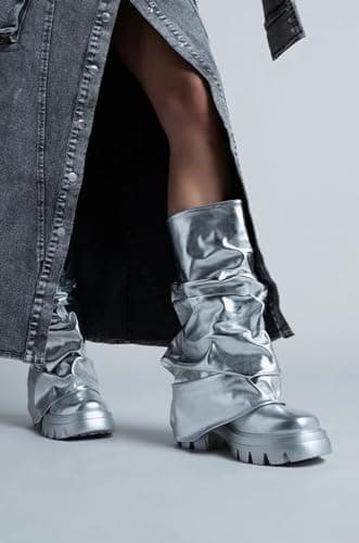 LISHAN Women's Metallic Fold-Over Pull-On Ruched Platform Heels