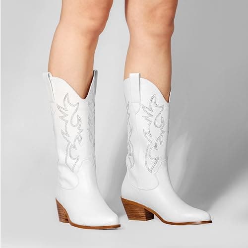 Ouepiano Women's Western Cowgirl Embroidered Boots, Mid Calf Pointed Toe Chunky Heel Pull-On Boots for Ladies