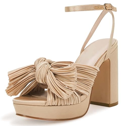VETASTE Women's Pleated Bow Knot Platform Bridal Heeled Sandals