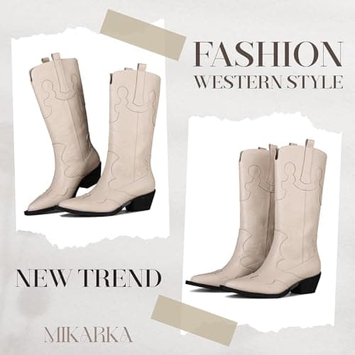 Mikarka Women's Two-Tone Embroidered Cowboy Boots with Chunky Heel